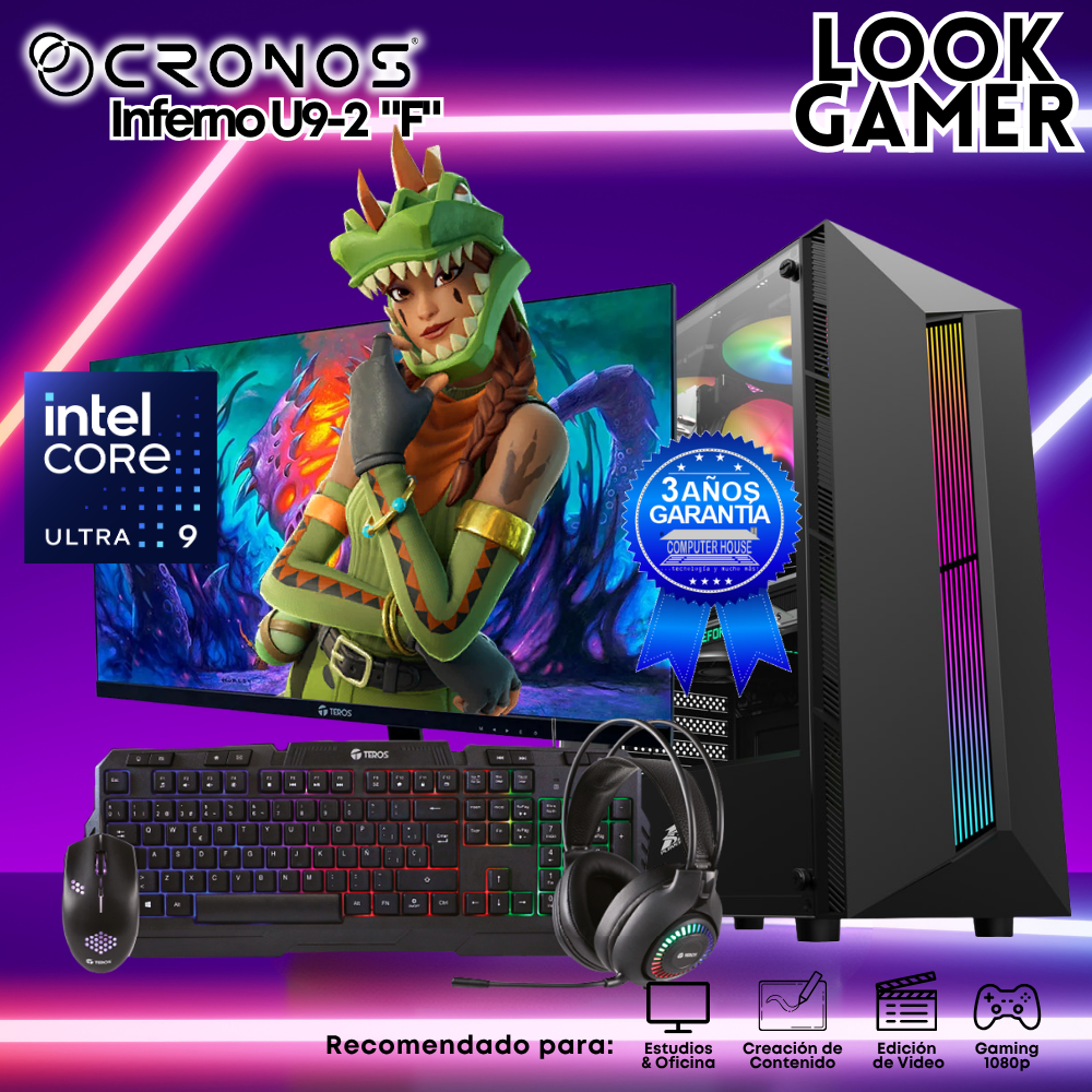 PC Look Gamer CRONOS Inferno U9-2 "F", RAM 16GB DDR5, SSD 500GB, Monitor 24″ FHD.