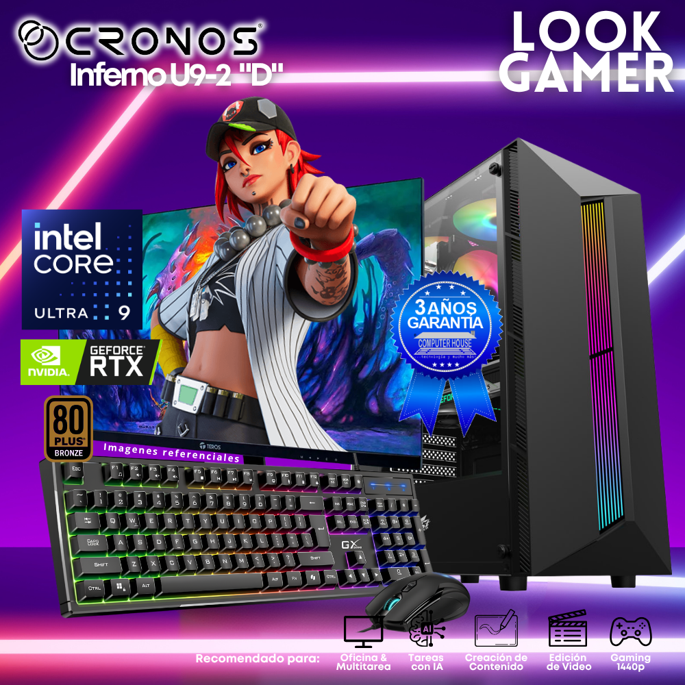 PC Look Gamer CRONOS Inferno U9-2 "D", RAM 16GB DDR5, SSD 500GB, Nvidia GeForce RTX3050 6GB, Monitor 27″ FHD.