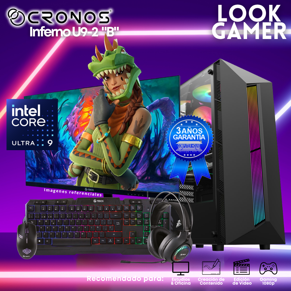 PC Look Gamer CRONOS Inferno U9-2 "B", RAM 16GB DDR5, SSD 500GB, Monitor 24″ FHD.