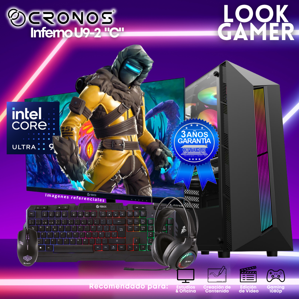 PC Look Gamer CRONOS Inferno U9-2 "C", RAM 16GB DDR5, SSD 1TB, Monitor 27″ FHD.