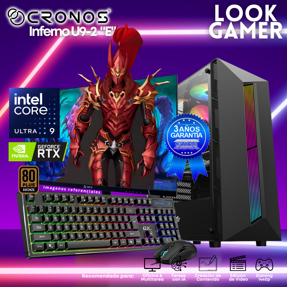 PC Look Gamer CRONOS Inferno U9-2 "E", RAM 16GB DDR5, SSD 1TB, Nvidia GeForce RTX5050 8GB, Monitor 27″ FHD.