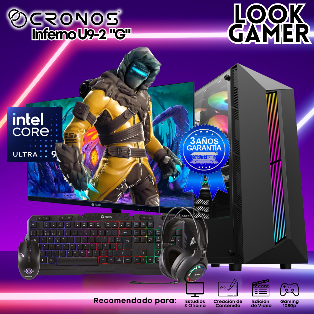 PC Look Gamer CRONOS Inferno U9-2 "G", RAM 16GB DDR5, SSD 1TB, Monitor 27″ FHD.