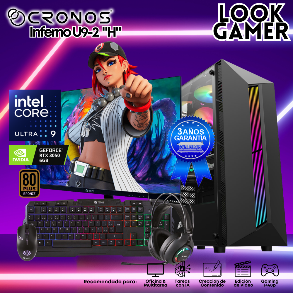 PC Look Gamer CRONOS Inferno U9-2 "H", RAM 16GB DDR5, SSD 500GB, RTX3050 6GB, Monitor 27″ FHD.