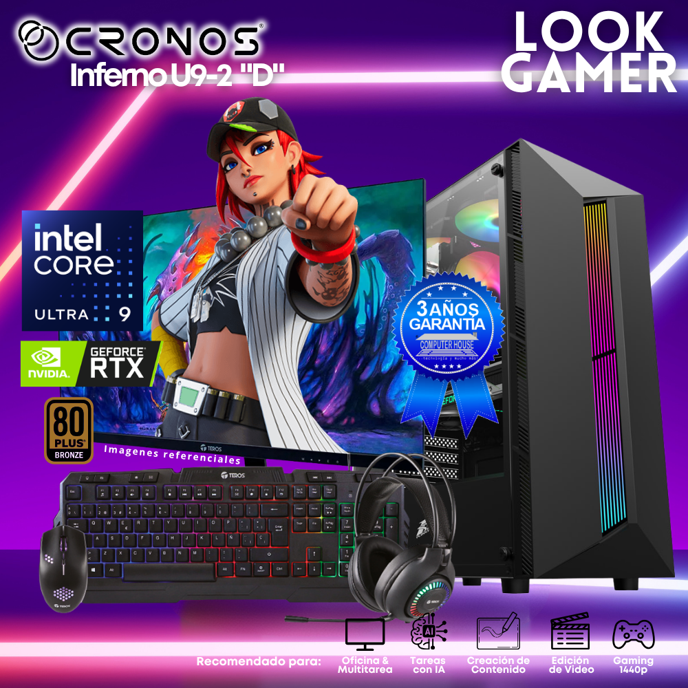PC Look Gamer CRONOS Inferno U9-2 "D", RAM 16GB DDR5, SSD 500GB, Nvidia GeForce RTX3050 6GB, Monitor 27″ FHD.