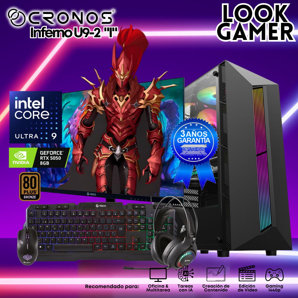PC Look Gamer CRONOS Inferno U9-2 "I", RAM 16GB DDR5, SSD 1TB, RTX5050 8GB, Monitor 27″ FHD.