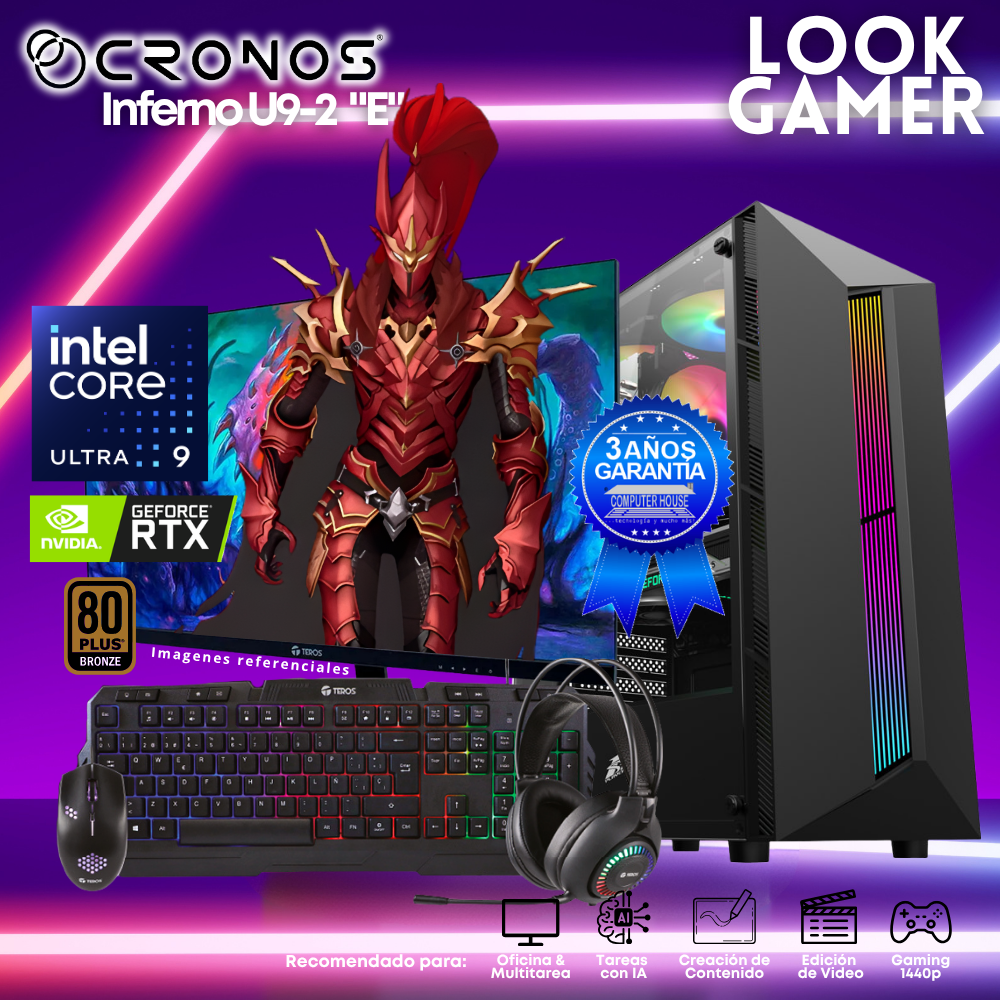 PC Look Gamer CRONOS Inferno U9-2 "E", RAM 16GB DDR5, SSD 1TB, Nvidia GeForce RTX5050 8GB, Monitor 27″ FHD.