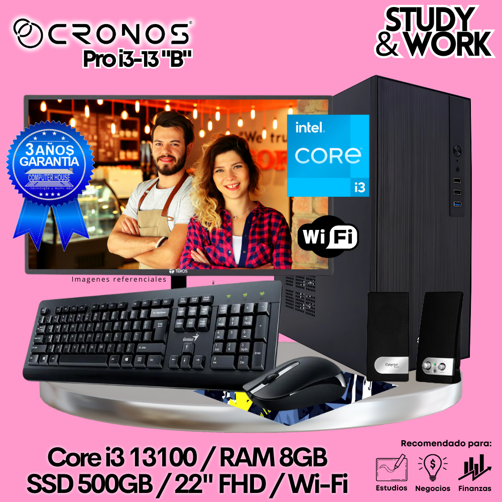 PC CRONOS Pro i3-13 "B", 8GB RAM, 500GB SSD, 22″ FHD Monitor, Wi-Fi, Keyboard + Mouse Kit, Speakers or Headphones.