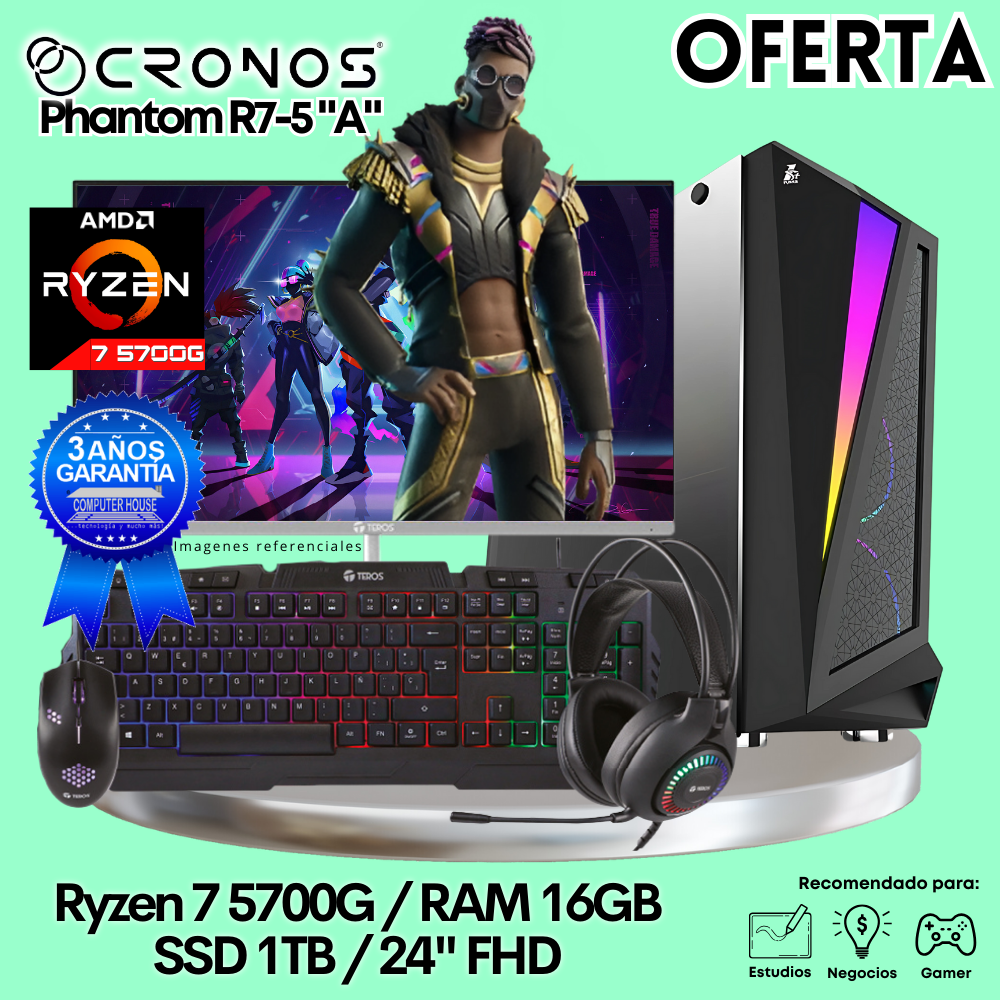 OFFER: PC Look Gamer CRONOS Phantom R7-5700G, 16GB RAM, 1TB SSD, 24″ FHD Monitor.