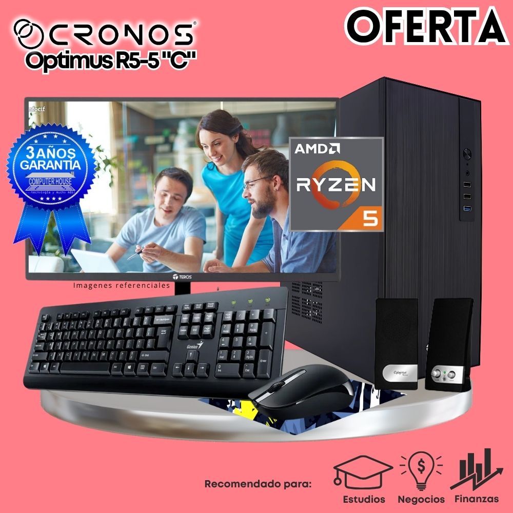 OFERTA: PC CRONOS Optimus R5-5 "C", RAM 8GB, SSD 250GB, Monitor 24″ FHD, Kit Teclado + Mouse, Parlantes.