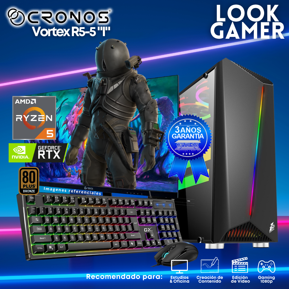 PC Look Gamer CRONOS Vortex R5-5 "I", RAM 16GB, SSD 1TB, Nvidia GeForce RTX5050 8GB, Monitor 27″ FHD.