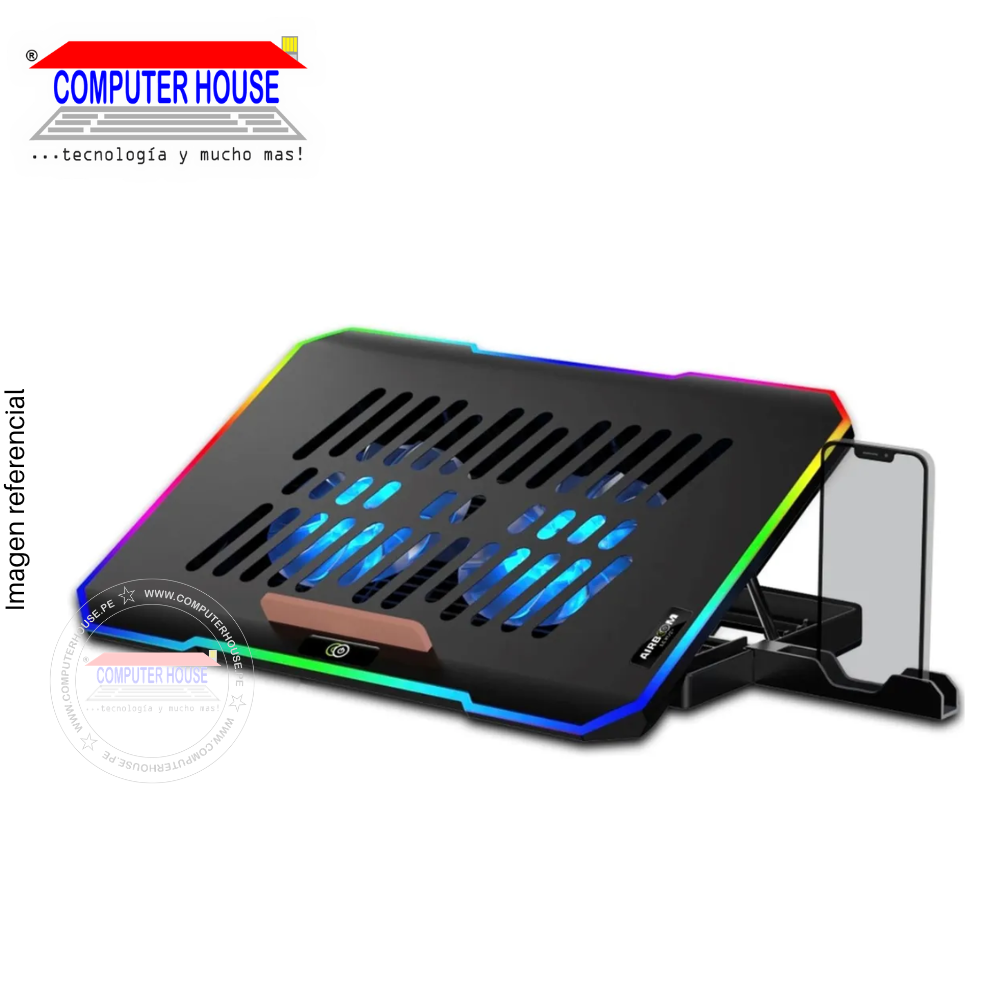 Cooler para Laptop AIRBOOM Lexus - AB 01H, 2 Ventiladores, con Soporte para celular, hasta 17", hasta 5 niveles de altura ajustables, borde Rainbow