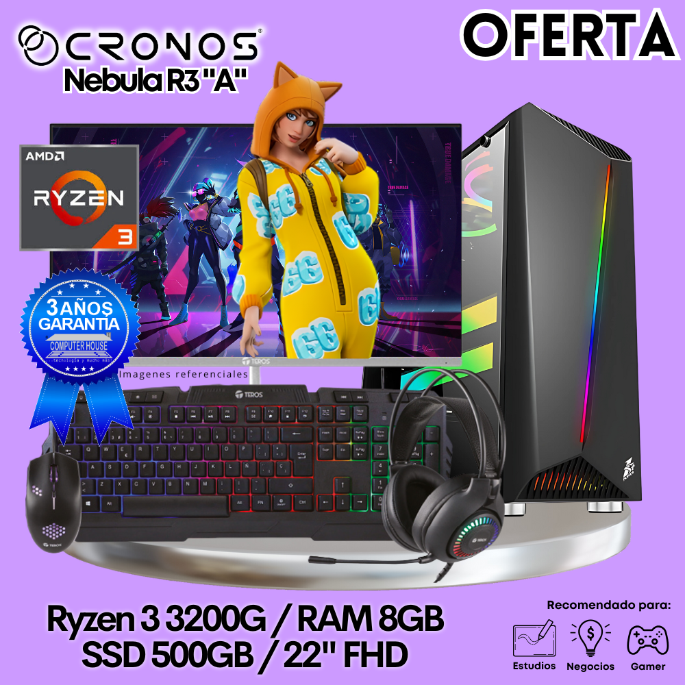 OFERTA: PC Look Gamer CRONOS Nebula R3 "A", RAM 8GB, SSD 500GB, Monitor 22″ FHD.