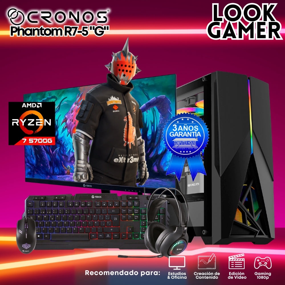 PC Look Gamer CRONOS Phantom R7-5 "G", RAM 16GB, SSD 1TB, Monitor 27″ FHD.