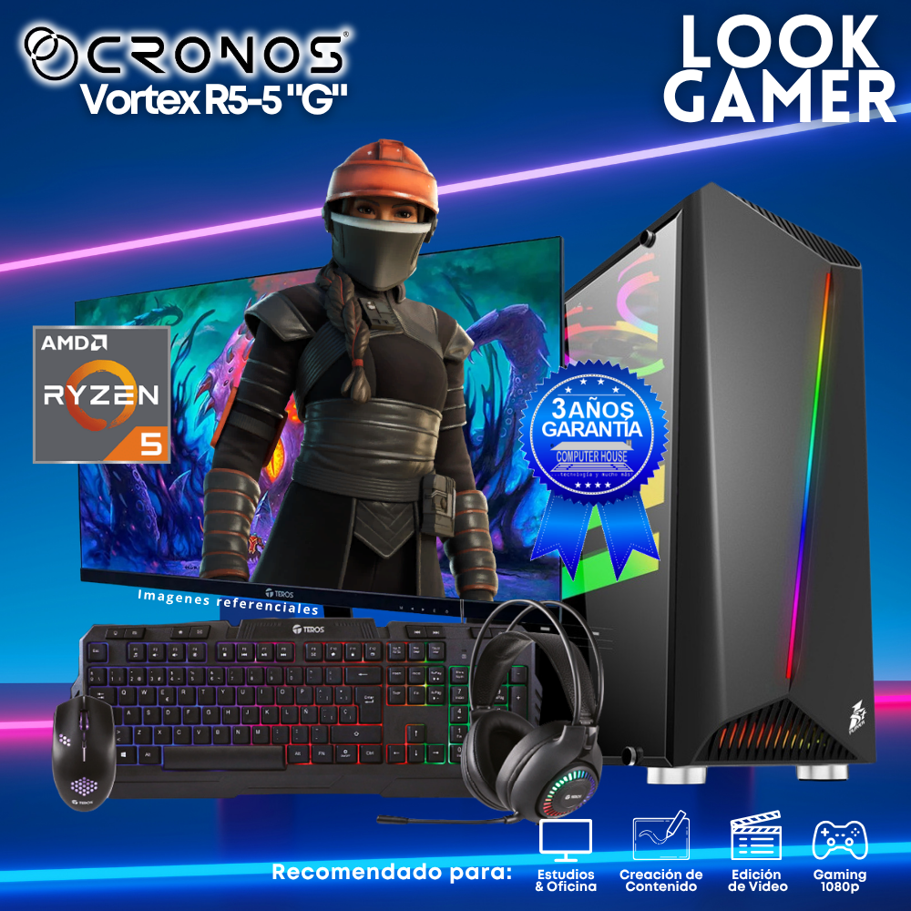 PC Look Gamer CRONOS Vortex R5-5 "G", RAM 16GB, SSD 1TB, Monitor 27″ FHD.