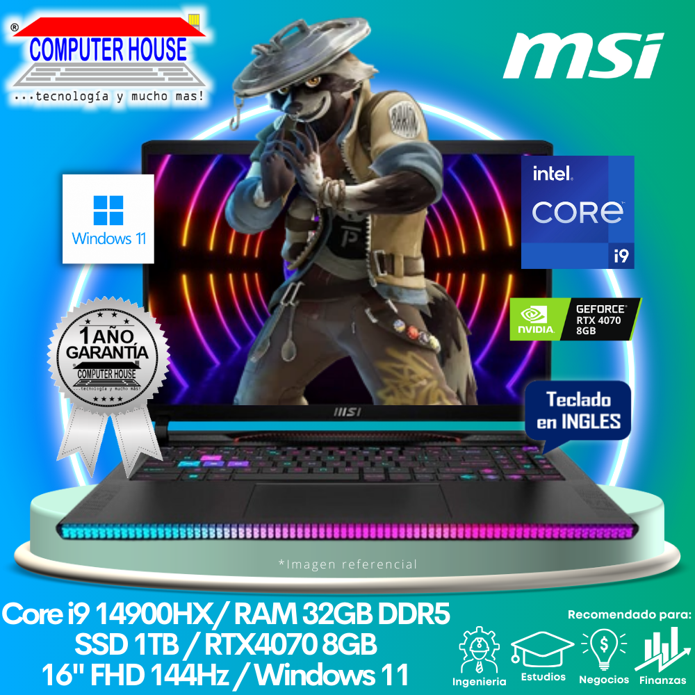 Laptop MSI Raider GE68HX, Core i9-14900HX, RAM 32GB DDR5, SSD 1TB, Video RTX4070 8GB, 16″ FHD 144Hz, Teclado en Inglés, Windows 11.