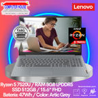 Laptop LENOVO IdeaPad Slim 3, Ryzen 5-7520U, RAM 8GB LPDDR5, SSD 512GB, 15.6″ FHD, FreeDos.