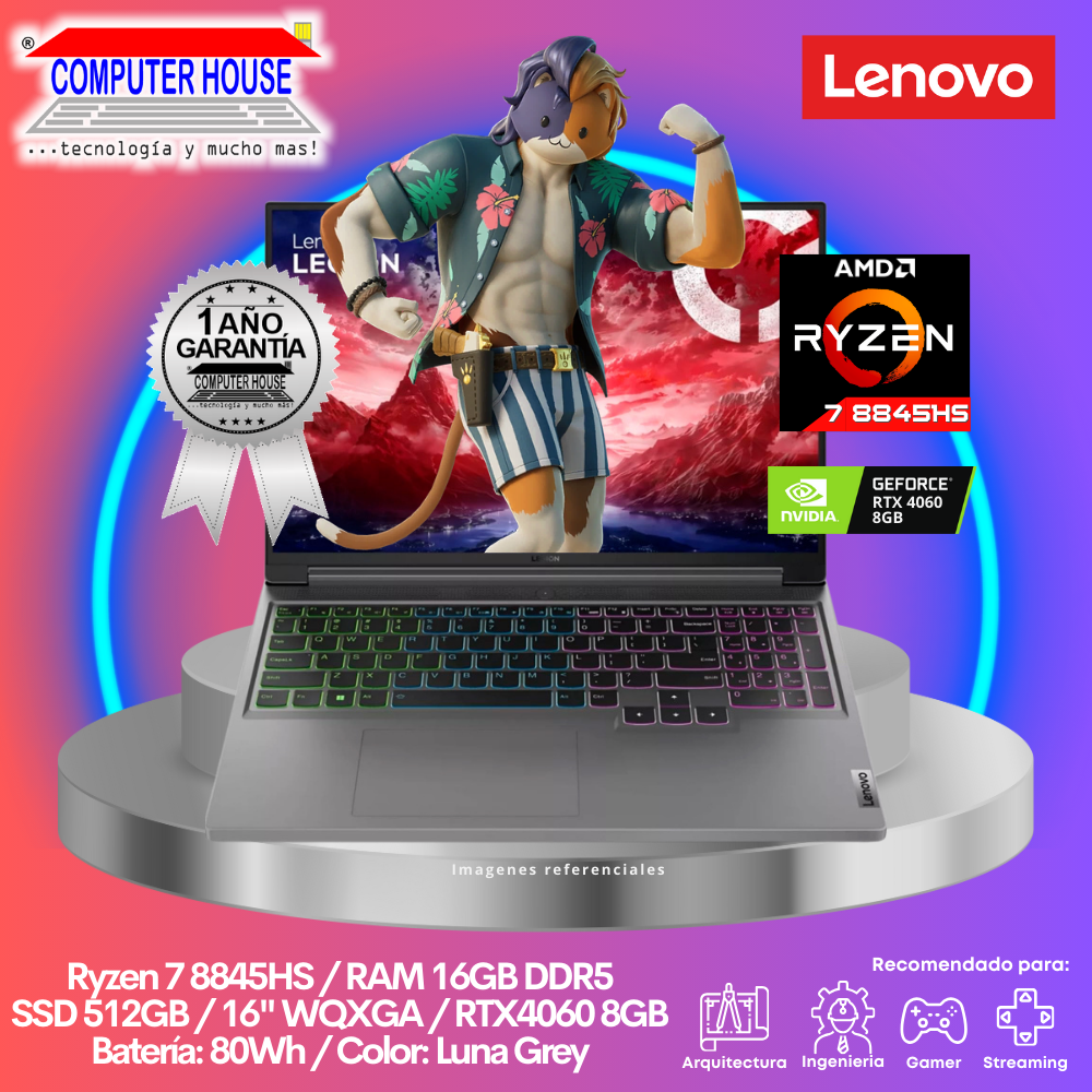 Laptop LENOVO Legion Slim 5, Ryzen 7-8845HS, RAM 16GB DDR5, SSD 512GB, RTX4060 8GB, 16