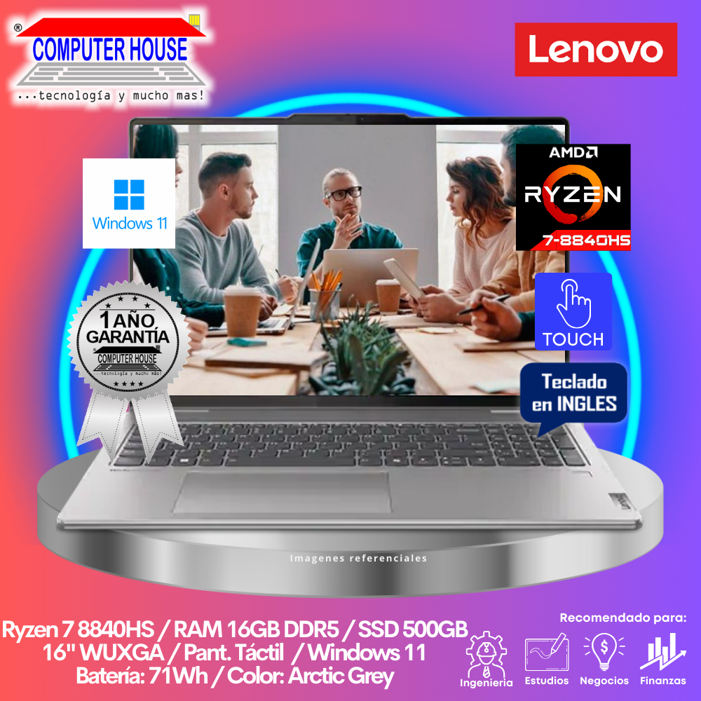 Laptop LENOVO Yoga 7, Ryzen 7 8840HS, RAM 16GB DDR5, SSD 500GB, 16" WUXGA, Pantalla Táctil, Teclado en Inglés, Windows 11.