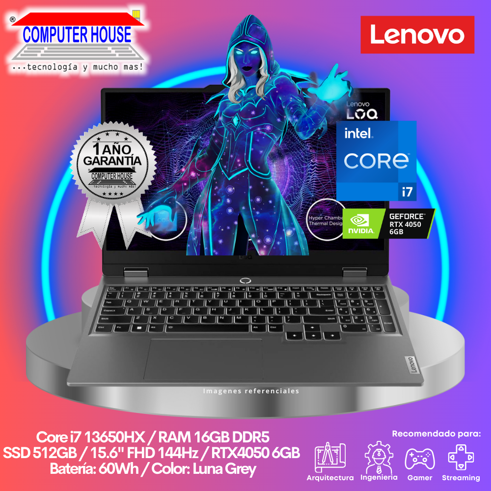 Laptop LENOVO LOQ, Core i7-13650HX, RAM 16GB DDR5, SSD 512GB, RTX4050 6GB, 15.6" FHD 144Hz, FreeDos.