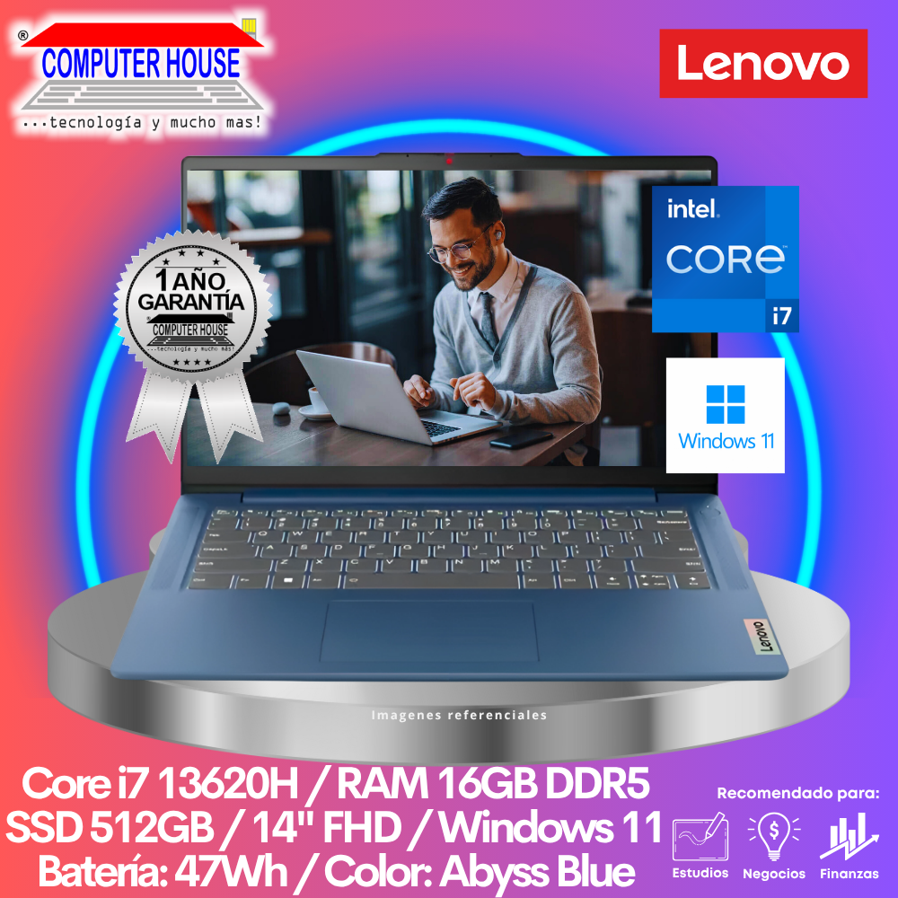LENOVO IdeaPad Slim 3 Laptop, Core i7-13620H, RAM 16GB DDR5, SSD 512GB, 14" FHD, Windows 11.