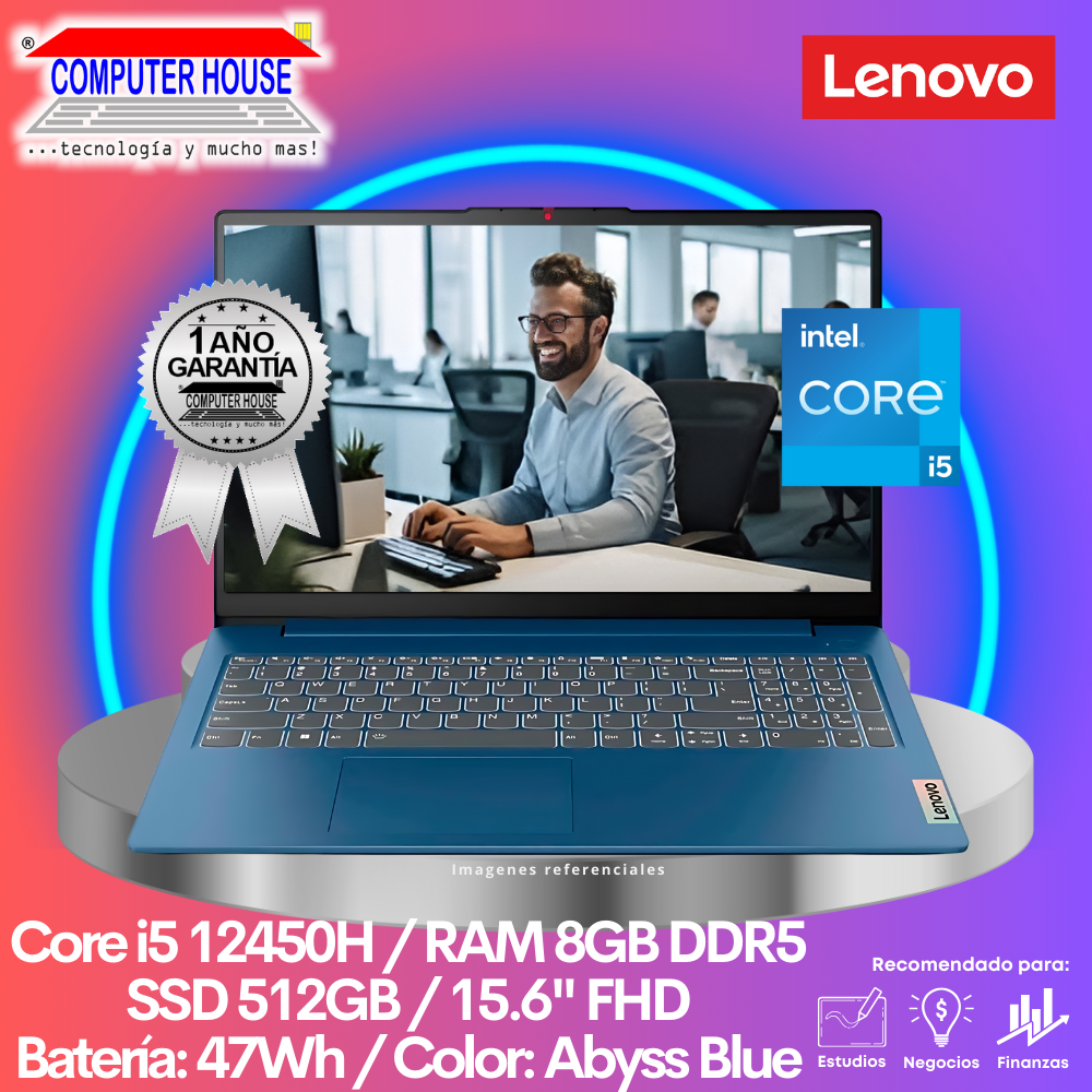 LENOVO IdeaPad Slim 3 Laptop, Core i5-12450H, 8GB DDR5 RAM, 512GB SSD, 15.6" FHD, FreeDos.