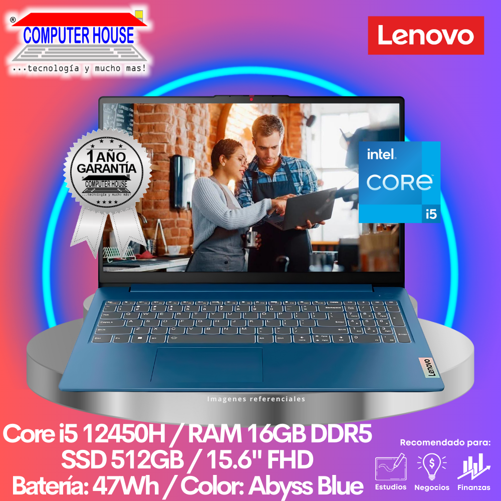 LENOVO IdeaPad Slim 3 Laptop, Core i5-12450H, RAM 16GB DDR5, SSD 512GB, 15.6" FHD, FreeDos.