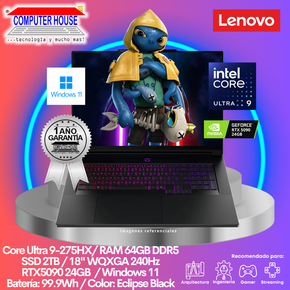Laptop LENOVO Legión 9, Core Ultra 9-275HX, RAM 64GB DDR5, SSD 2TB, RTX5090 24 GB, 18"  WQUXGA 240Hz, Windows 11.