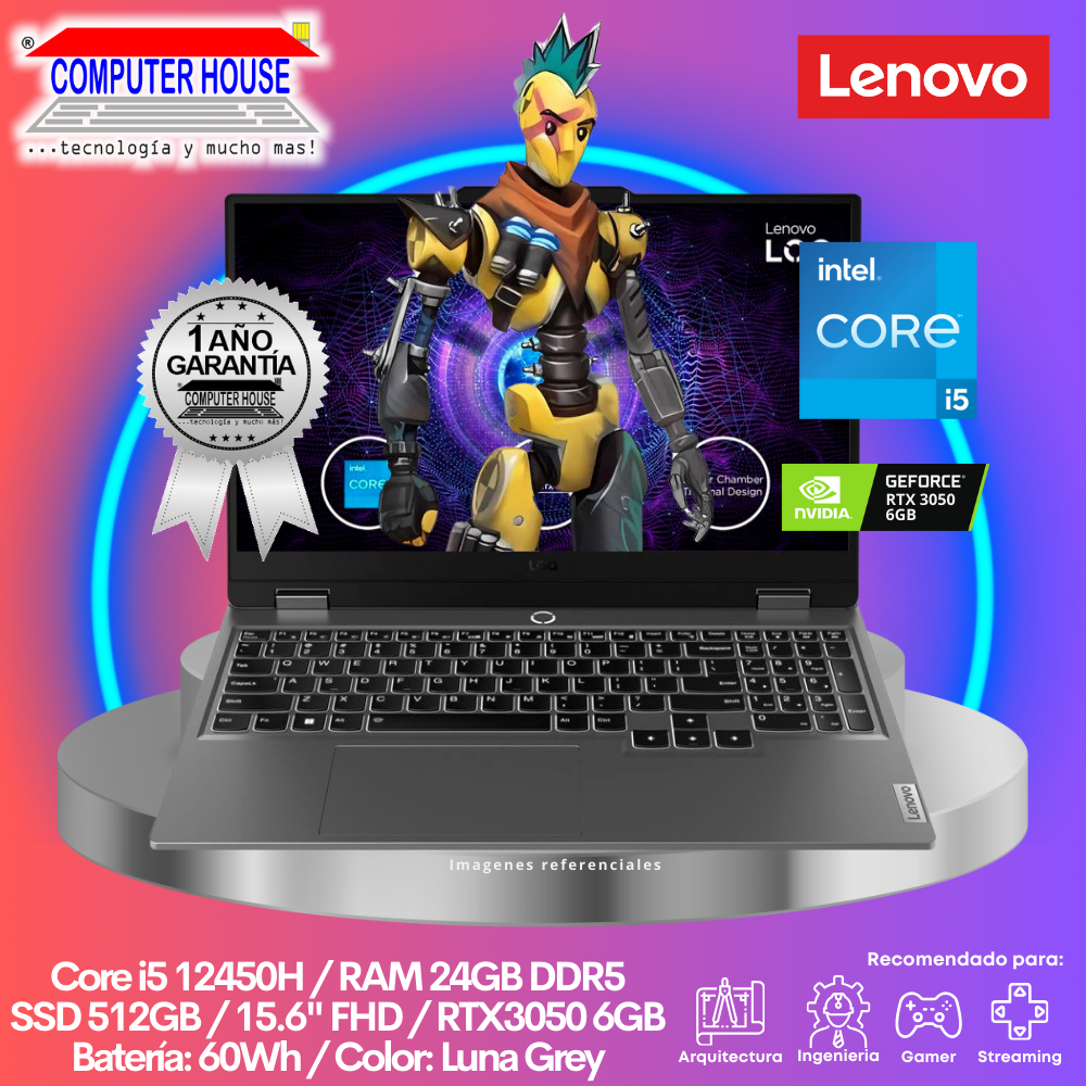 LENOVO LOQ 15IAX9 Laptop, Core i5-12450H, RAM 24GB DDR5, SSD 512GB, RTX3050 6GB, 15.6" FHD, FreeDos.