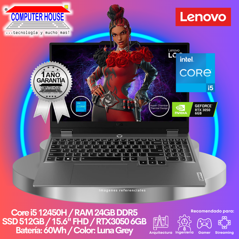 LENOVO LOQ Laptop, Core i5-12450HX, RAM 24GB DDR5, SSD 512GB, RTX3050 6GB, 15.6" FHD, FreeDos.