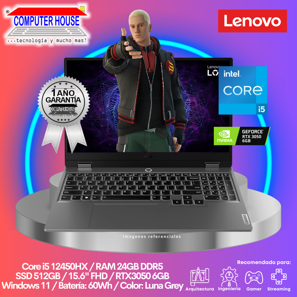 Laptop LENOVO LOQ 15IAX9, Core i5-12450H, RAM 24GB DDR5, SSD 512GB, RTX3050 6GB, 15.6