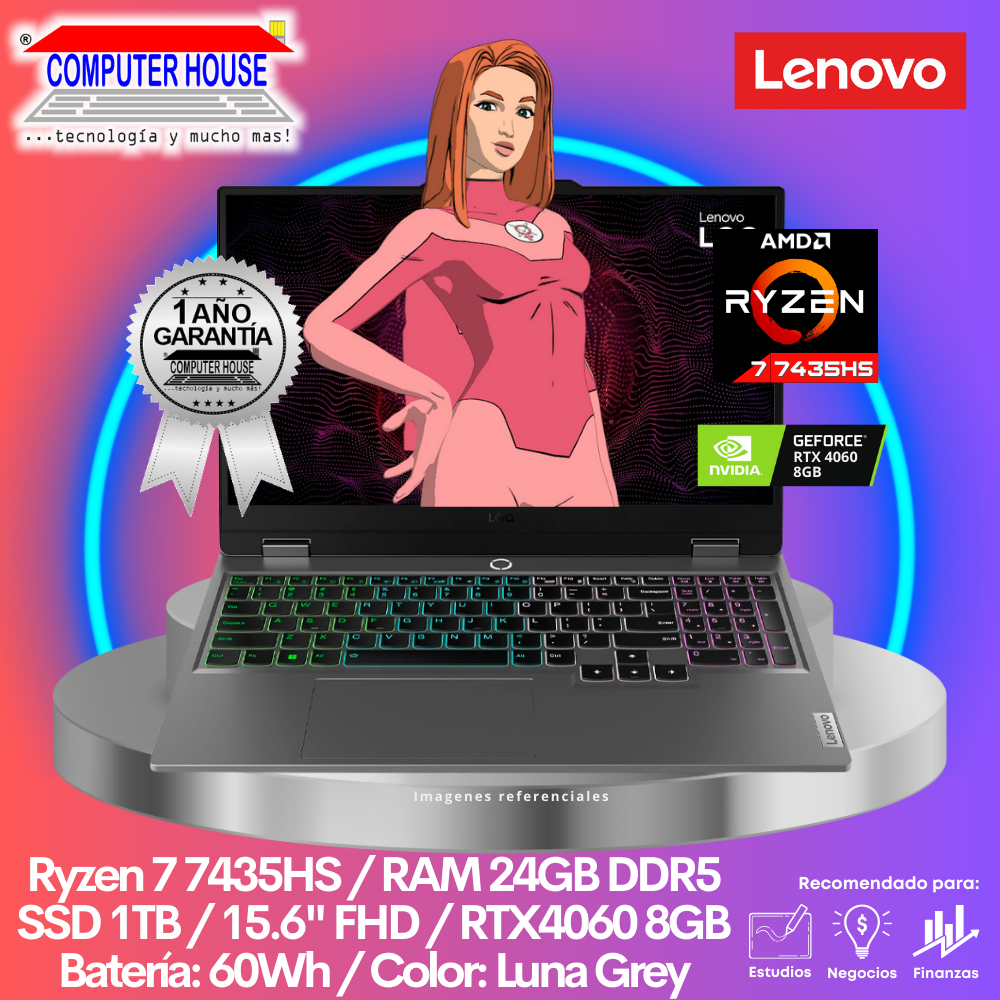 Laptop LENOVO LOQ, Ryzen 7-7435HS, RAM 24GB DDR5, SSD 1TB, RTX4060 8GB, 15.6