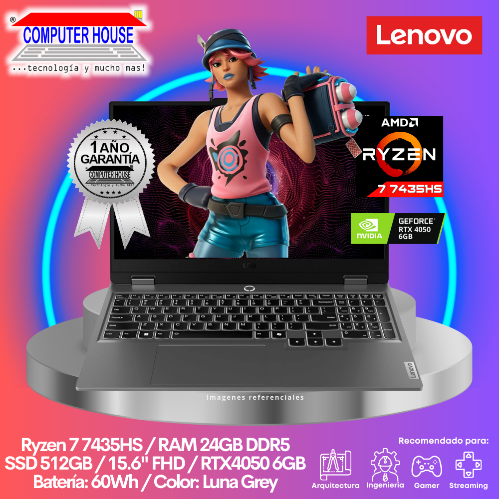 Laptop LENOVO LOQ, Ryzen 7-7435HS, RAM 24GB DDR5, SSD 512GB, RTX4050 6GB, 15.6