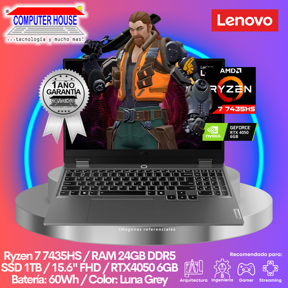 LENOVO LOQ Laptop, Ryzen 7-7435HS, 24GB DDR5 RAM, 1TB SSD, RTX4050 6GB, 15.6" FHD, FreeDos.