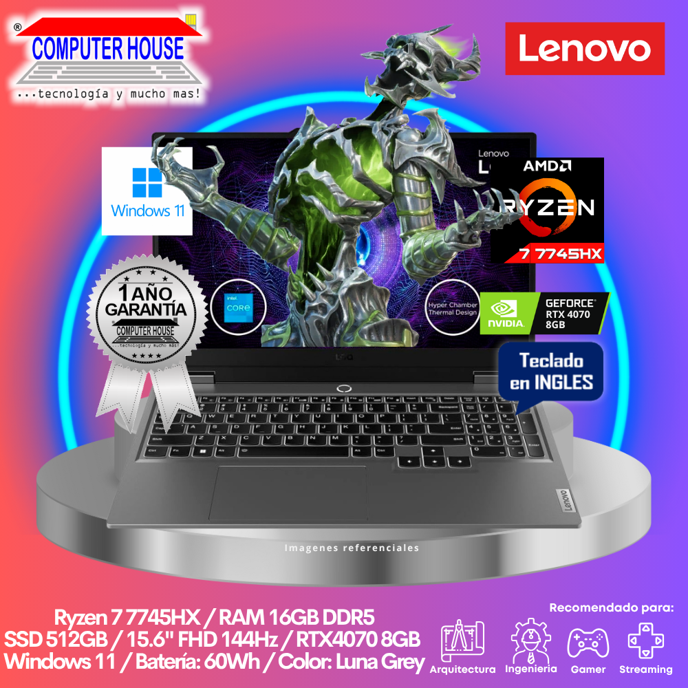 LENOVO LOQ Laptop, Ryzen 7-7435HS, RAM 16GB DDR5, SSD 512GB, RTX4070 8GB, 15.6" FHD 144Hz, Windows 11.
