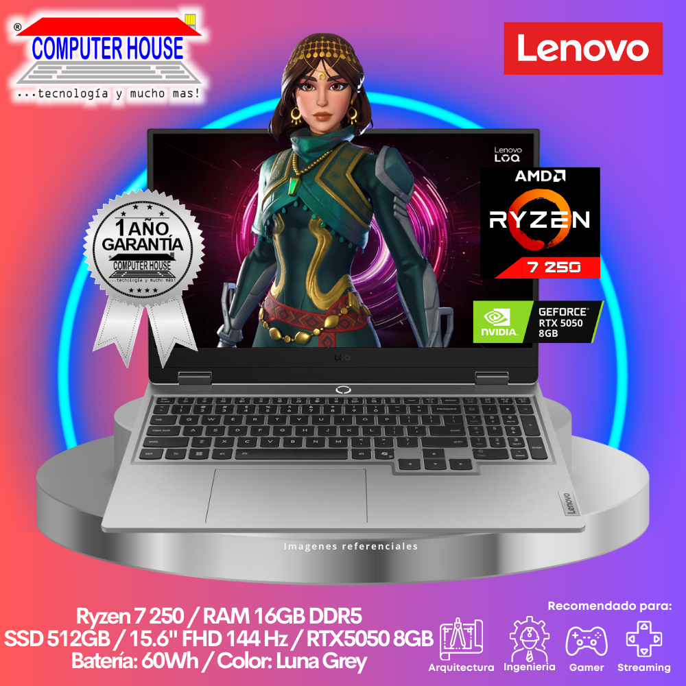 Laptop Lenovo LOQ, Ryzen 7-250, RAM 16GB DDR5, SSD 512GB, RTX5050 8GB, 15.6" FHD 144Hz, FreeDos.