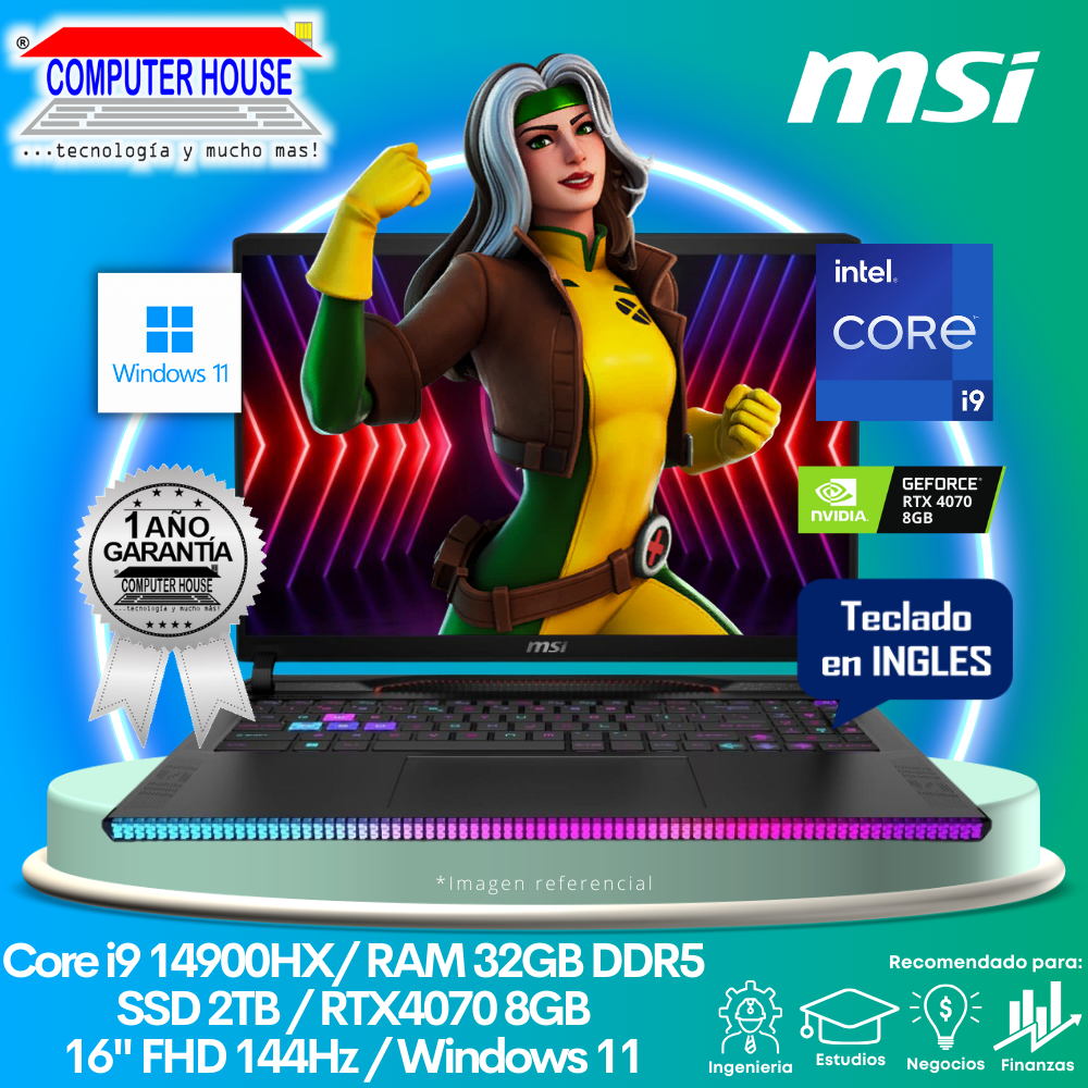 Laptop MSI Raider GE68HX, Core i9-14900HX, RAM 32GB DDR5, SSD 2TB, Video RTX4070 8GB, 16″ FHD 144Hz, Teclado en Inglés, Windows 11.