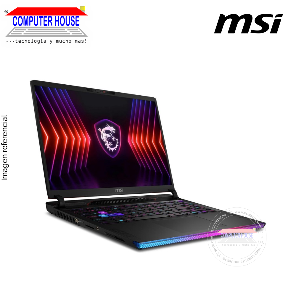 Laptop MSI Raider GE68HX, Core i9-14900HX, RAM 32GB DDR5, SSD 2TB, Video RTX4070 8GB, 16″ FHD 144Hz, Teclado en Inglés, Windows 11.