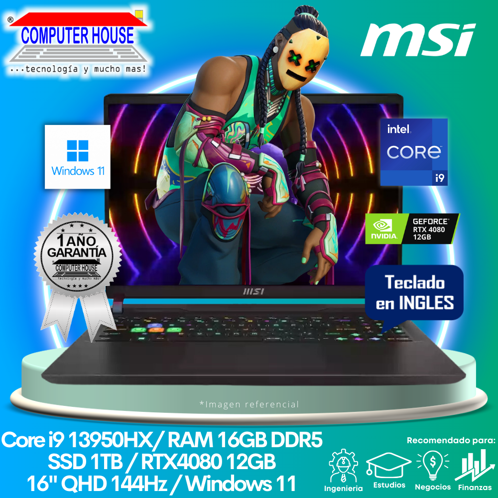 Laptop MSI Vector GP68HX, Core i9-13950HX, RAM 16GB DDR5, SSD 1TB, Video RTX4080 12GB, 16″ QHD 144Hz, Teclado en Inglés, Windows 11.