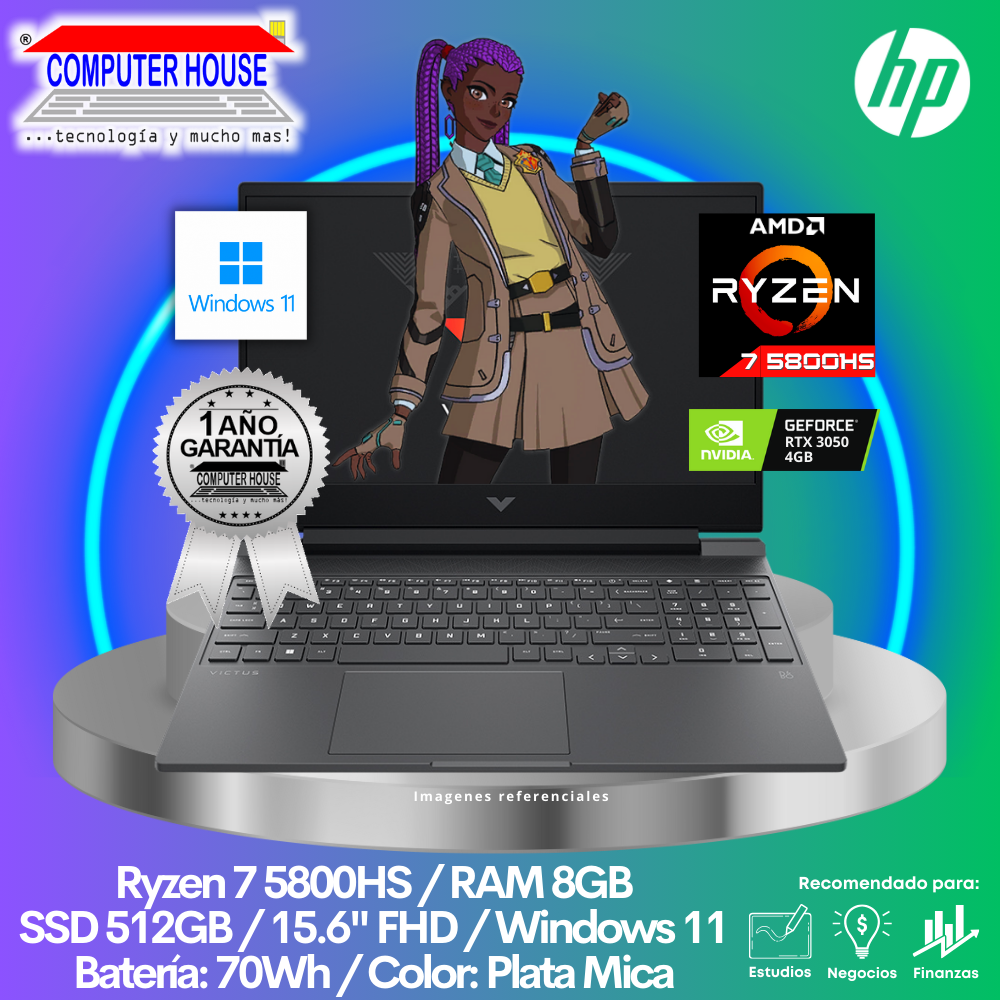 Laptop HP 15-fb0126la, Ryzen 7-5800HS, RAM 8GB, SSD 512GB, RTX3050 4GB, 15.6