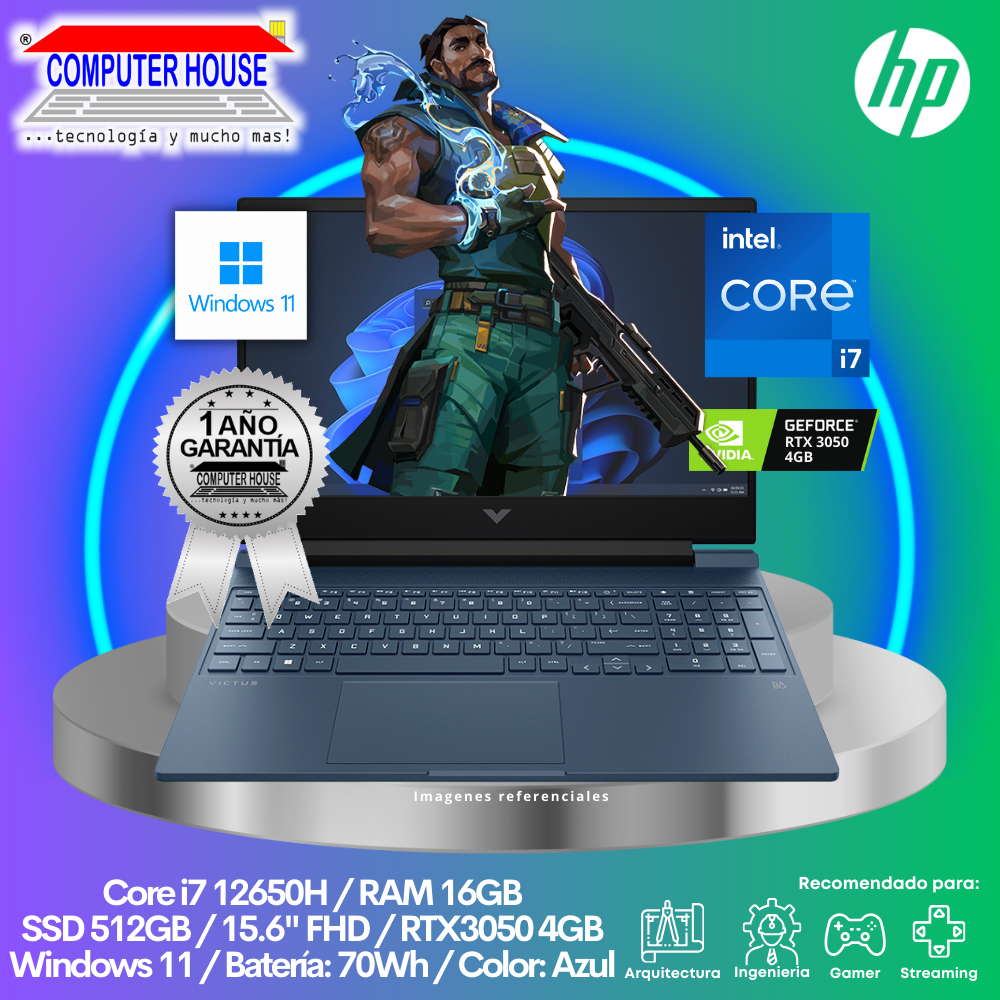 Laptop HP Victus, Core I7-12650H, RAM 16GB, SSD 512GB, RTX3050 4GB, 15.6″ FHD, Windows 11.