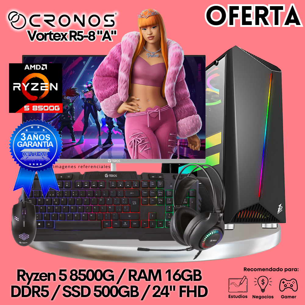 OFFER: PC Look Gamer CRONOS Vortex R5-8500G, 16GB DDR5 RAM, 500GB SSD, 24″ FHD Monitor.