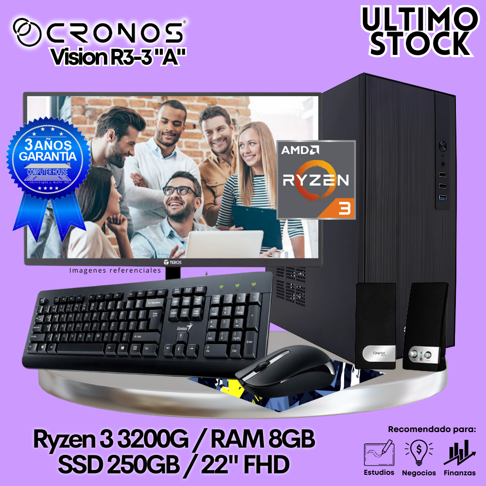 Ultimo Stock: PC CRONOS Vision R3-3 "A", RAM 8GB, SSD 250GB, Monitor 22″ FHD, Kit Teclado + Mouse, Parlantes o Audífono.