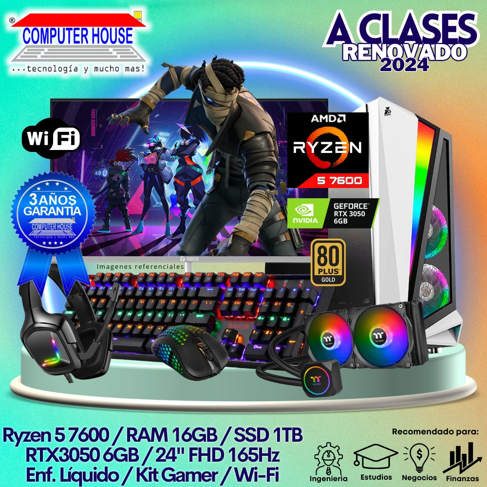 OFERTA EXTREME: Ryzen 5-7600, RAM 16GB, SSD 1TB, Video RTX3050 6GB, Wi-Fi, Enfriamiento Líquido, Monitor 24″ FHD 165Hz + Kit Gamer.