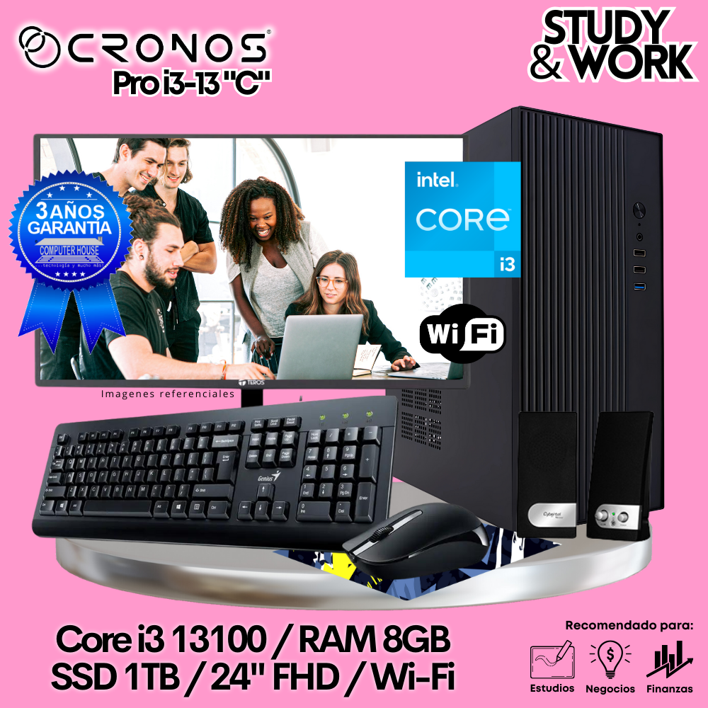 PC CRONOS Pro i3-13 "C", 8GB RAM, 1TB SSD, 24″ FHD Monitor, Wi-Fi, Keyboard + Mouse Kit, Speakers or Headphones.