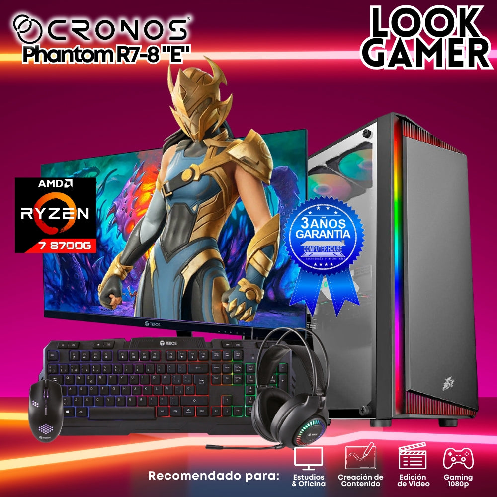 PC Look Gamer CRONOS Phantom R7-8 "E", RAM 16GB, SSD 500GB, Monitor 24″ FHD.
