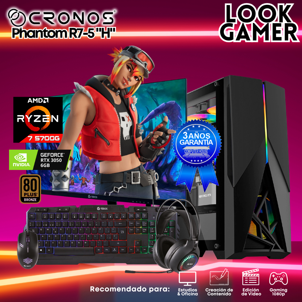 PC Look Gamer CRONOS Phantom R7-5 "H", RAM 16GB, SSD 1TB, RTX3050 6GB, Monitor 27″ FHD.