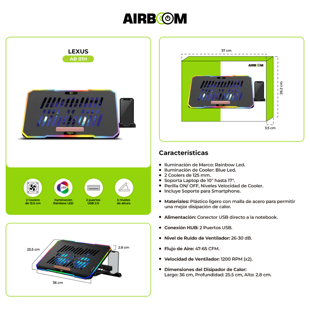 Cooler para Laptop AIRBOOM Lexus - AB 01H, 2 Ventiladores, con Soporte para celular, hasta 17", hasta 5 niveles de altura ajustables, borde Rainbow