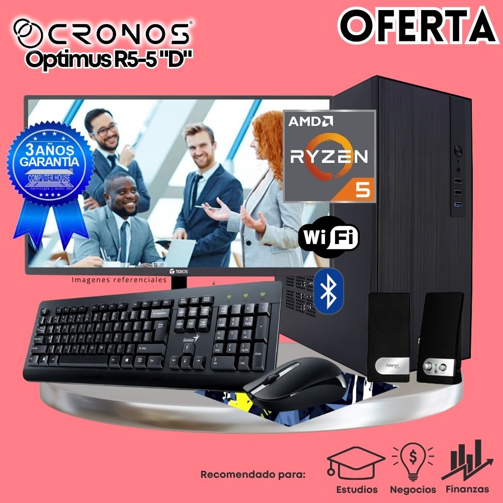 OFERTA: PC CRONOS Optimus R5-5 "D", RAM 16GB, SSD 500GB, Monitor 24″ FHD, Wi-Fi & Bluetooth, Kit Teclado + Mouse, Parlantes.