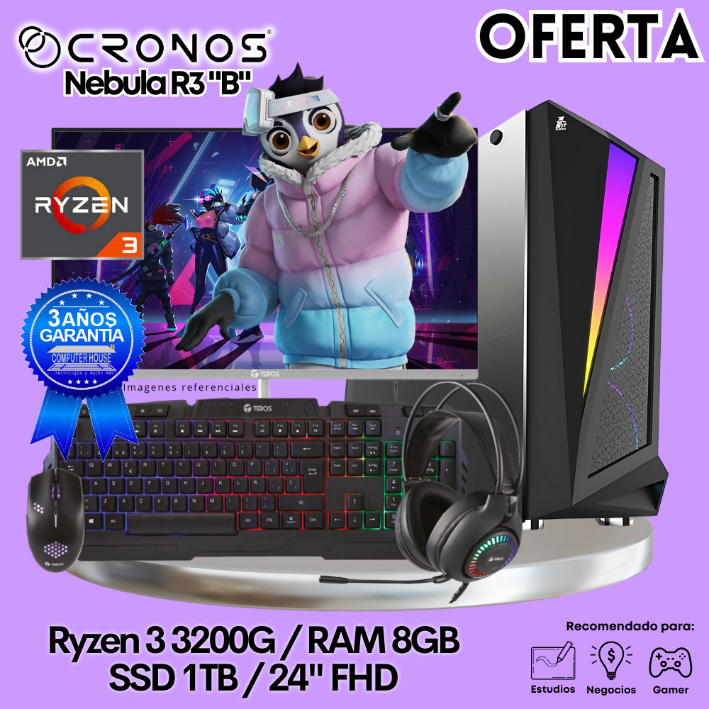 OFERTA: PC Look Gamer CRONOS Nebula R3 "B", RAM 8GB, SSD 1TB, Monitor 24″ FHD.