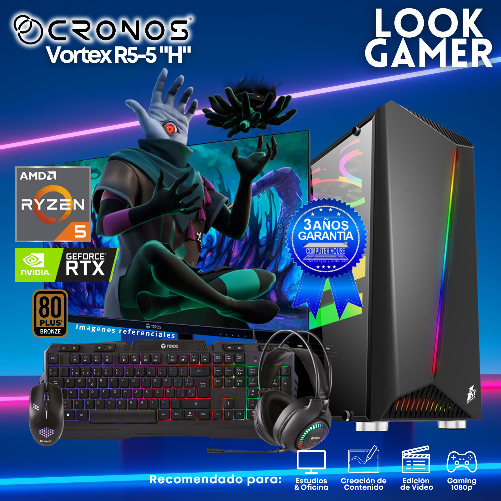 PC Look Gamer CRONOS Vortex R5-5 "H", RAM 16GB, SSD 500GB, Nvidia GeForce RTX3050 6GB, Monitor 27″ FHD.